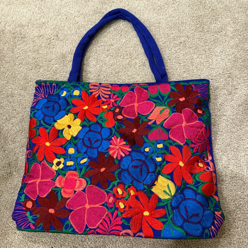 Guatemalan Embroidered Handbag - Large - Vibrant Beautiful Floral on Blue